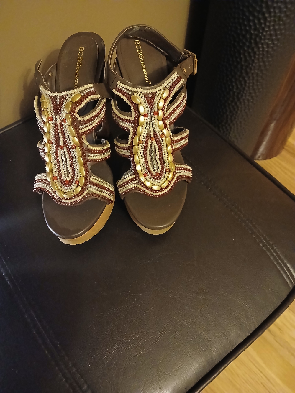 BCBGeneration Women's Beaded Brown Wedge Sandals